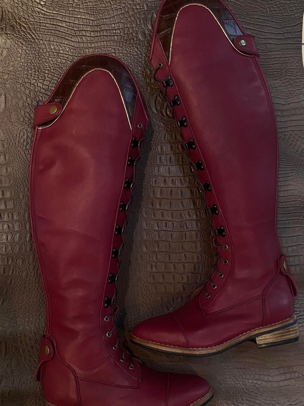 Over-the-Knee Lace-Up Riding Boots in Burgundy